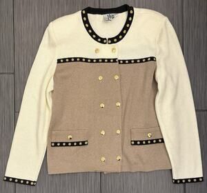 Vintage Mita Taupe And Ivory Knit Cardigan Sweater Jacket Gold Buttons Petite 10